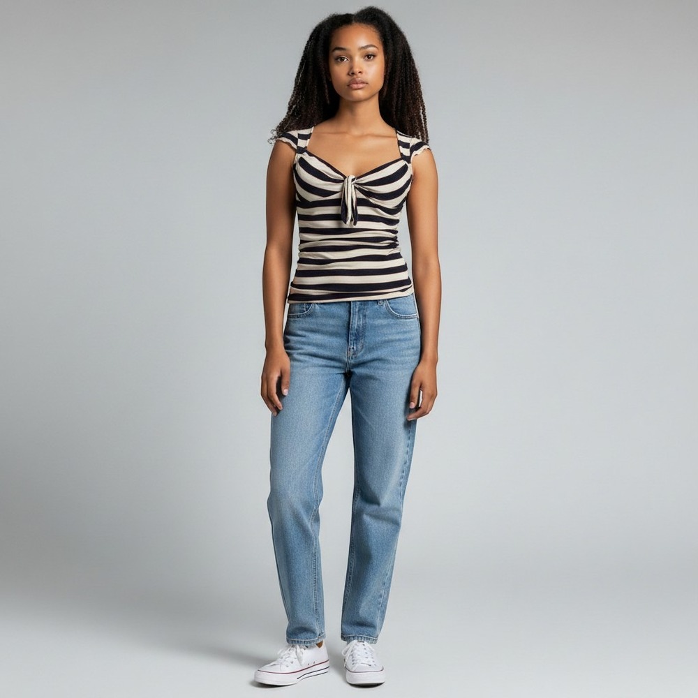Diane von Furstenberg Striped Tie-Front Top Women's P Navy Cream Red Ruched
